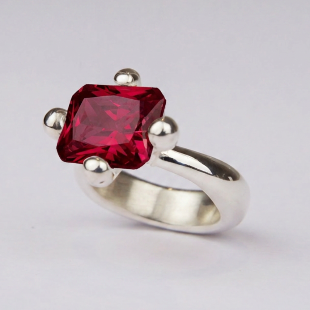 Anillo de Plata de Ley 925, Macizo con circonita color Rubi